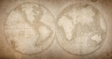 Fototapeta na wymiar Old geographical map of the world of the 18th century. A good background for design on the theme of travel, geography, history, voyage, etc. Ancient map background.