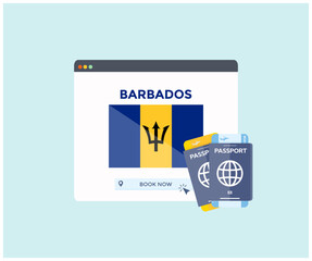 Obraz premium Online booking service on web browser site, trip, travel planning country Barbados national flag logo design. Online reservation of plane tickets. Concept for website vector design and illustration. 