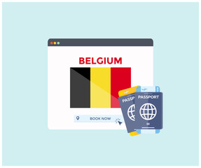 Online booking service on web browser site, trip, travel planning country Belgium national flag logo design. Online reservation of plane tickets. Concept for website vector design and illustration.

