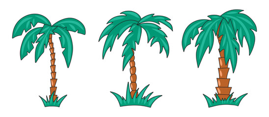 Fototapeta na wymiar Vector graphics of different shapes of palm tree colored with a stroke outline on a white background
