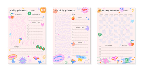 Vector daily,weekly,monthly planners templates with y2k patches,icons and emblems.Organizer and schedule with place for notes; goals and to do list.Trendy layouts in 90s groovy aesthetic.