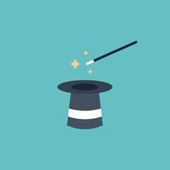 Vector illustration of magic hat and magic wand icon, magician hat.