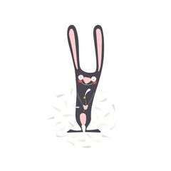 Cartoon black rabbit with daisy. Cute bunny with long ears.