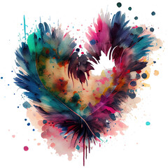 Watercolor painting of heart made from abstract spots and feathers. Clipart in trendy style for St Valentines day or wedding card. Elegant and passionate decoration for romantic poster. Generative AI