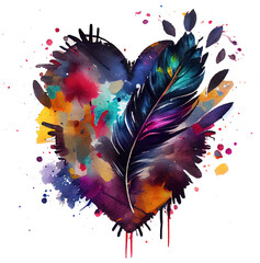 Watercolor painting of heart made from abstract spots and feathers. Clipart in trendy style for St Valentines day or wedding card. Elegant and passionate decoration for romantic poster. Generative AI