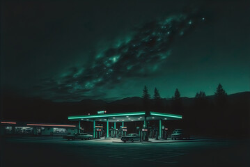 Gas station at night. Lonely. Spooky. Dim lighting.  - obrazy, fototapety, plakaty
