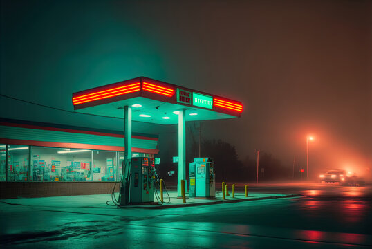 Gas station at night. Lonely. Spooky. Dim lighting. Stock Illustration |  Adobe Stock