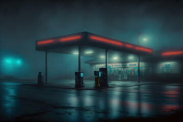 Gas station at night. Lonely. Spooky. Dim lighting.