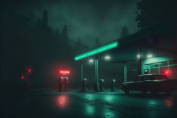 Gas station at night. Lonely. Spooky. Dim lighting.