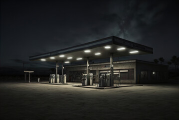 Fototapeta na wymiar Gas station at night. Lonely. Spooky. Dim lighting.