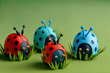 Ladybug shaped colored wooden figurines on a blue backdrop. Generative AI