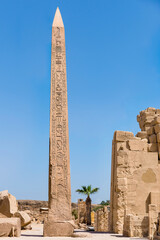 Luxor, Egypt; January 5, 2023 - Bearing the ancient Egyptian name Queen Hatshepsut, and  measuring around 30m in height and weighing 343 tonnes, this obelisk is the biggest standing in all of Egypt - obrazy, fototapety, plakaty