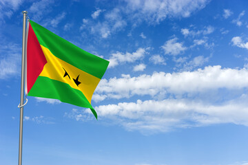 Democratic Republic of São Tomé and Príncipe Flag Over Blue Sky Background. 3D Illustration