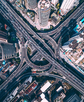 Aerial view of a complex city road interchange in Shanghai, China.