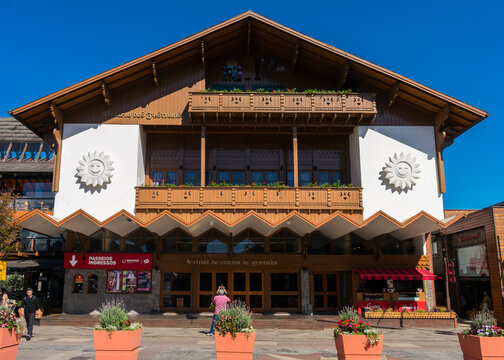 Gramado, Brazil - Circa April 2022: Colonial style movie theater and film festival venue in Gramado, also known as Palacio dos Festivais