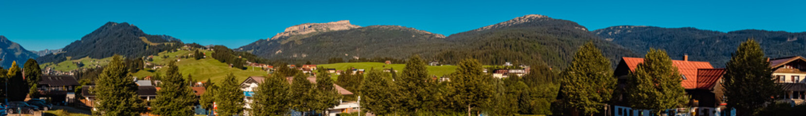 Fototapeta na wymiar High resolution stitched summer panorama at the famous Kleinwalsertal valley, Riezlern, Vorarlberg, Austria