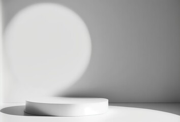 Fototapeta premium White round podium in a sunshine room. Empty simple pedestal for the product presentation in sunbeams