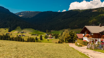 Beautiful alpine summer view at the famous Kleinwalsertal valley, Riezlern, Vorarlberg, Austria