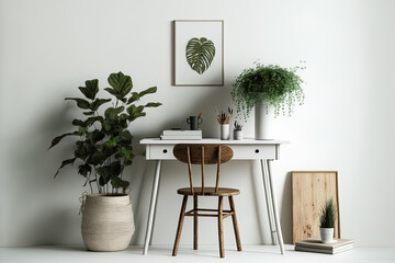 Mockup of a Scandinavian wooden work desk with a stool and blank walls. Wooden basket on the desk, white wood floors, and a little potted indoor plant in green. Generative AI