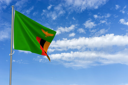 Republic of Zambia Flag Over Blue Sky Background. 3D Illustration