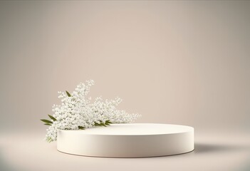 Stage for product display presentation with beautiful white flowers. Floral natural showcase