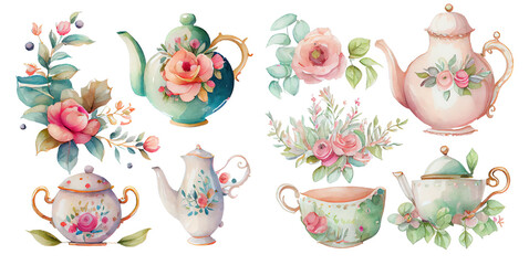 Cute princess tea set collection with florals. Watercolor elements for card decoration or scrapbooking. Isolated cups and mugs for fun stickers, menus, invitations, towels. AI generative