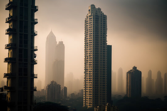 Mumbai's residential highrises and towers in the gloomy winter light. Generative AI