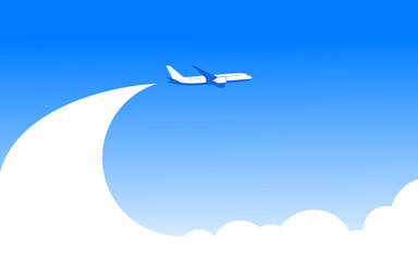 Naklejka na ściany i meble Blue sky with clouds and a plane taking off. Vector background template for header website travel company