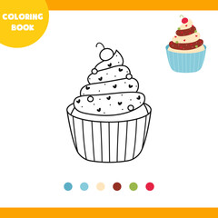 Coloring book for children, vector illustration, linear cupcake, on a white background