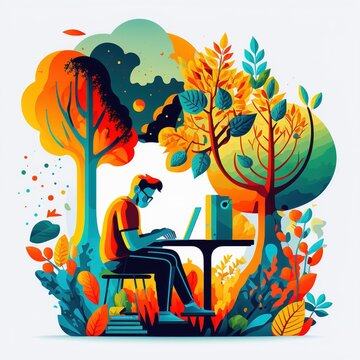 Computer user in a lush garden, flat vector illustration made with Generative AI