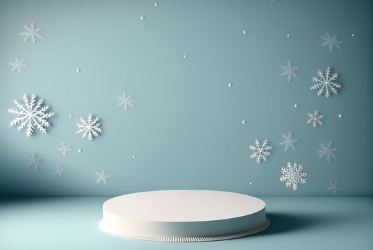 White winter pedestal for product display presentation with snowflakes. Minimalist showcase against a blue background 