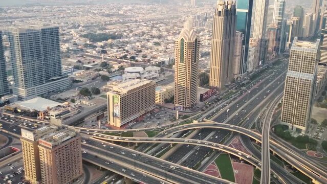 Dubai. Traffic. Dubai aerial. Dubai roads aerial.