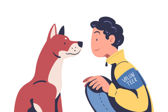 Young Man Volunteer Caring of Homeless Dog Pet Vector Illustration