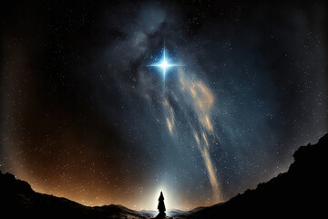 The star is shining over Jesus Christ's Christmastime nativity. Generative AI