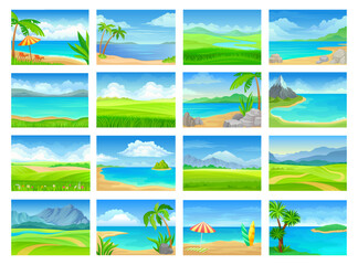 Fototapeta na wymiar Beautiful summer landscapes set. Tropical ocean or sea beach, green meadow with countryside road, mountain landscape cartoon vector