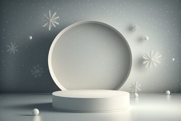 White winter pedestal for product display presentation with snowflakes. Minimalist showcase 