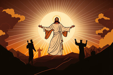 A fresh illustration of Jesus Christ's Ascension Day has a sunset background. Generative AI