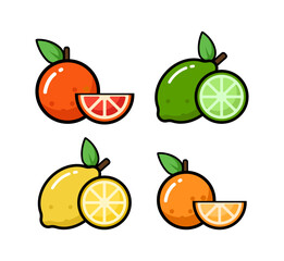 Vector icon illustration. Colorful citrus fruits, lemon, orange, lime, grapefruit. Isolated on white background.