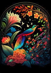 Fototapeta na wymiar Arrangement of Tropical flowers and plants, with colorful birds, and coral, on an isolated Black Background Generative AI