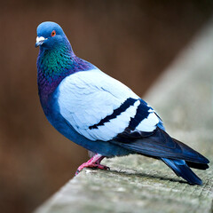 Iridescent pigeon with beautiful blue, green, purple plumage looking at the photographer.