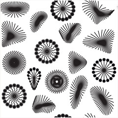 Spiral sound wave rhythm lines dynamic abstract vector seamless pattern, optical art ripple monochrome background, creative minimalist black and white wallpaper