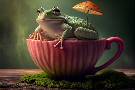 Frog in a cup in a mysterious forest. AI generated