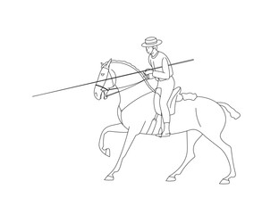 Rider on a horse, holding a spear in his hands, working equitation