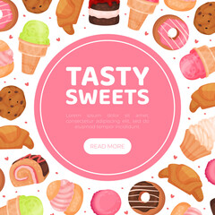 Tasty sweets web banner template. Cafe, bakery shop landing page with tasty desserts cartoon vector