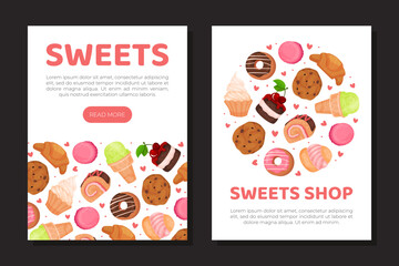 Sweets shop mobile app templates set. Sweet shop, bakery, cafeteria web banner, card, flyer, invitation cartoon vector