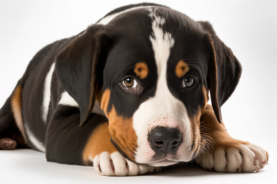 Isolated on a white background, a Great Swiss Mountain Dog puppy. The dog is lying on its stomach and is asking for a treat since it is bored. adorable animal appearance with penance. Generative AI