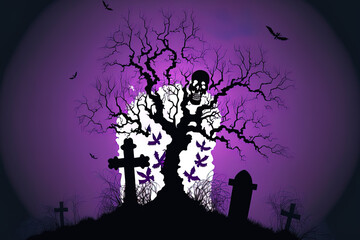 Halloween grave and tree with a creepy ghost skull Happy Halloween on a violet backdrop, solitary. Generative AI