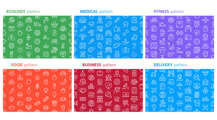 Big set Seamless pattern with icons. Ecology, Medical, Fitness, Food, Business, Delivery. Big set Icons collection. Outline icons collection