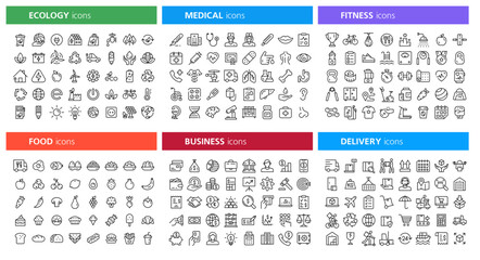 Big set of thin line icon. Ecology, Medical, Fitness, Food, Business, Delivery. Big set Icons collection. Outline icons collection