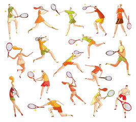 Set of people playing tennis. Male and female athletes in uniform playing with racket and ball cartoon vector illustration